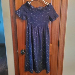 Pink Blush Navy Polka Dot Smocked Maternity Dress